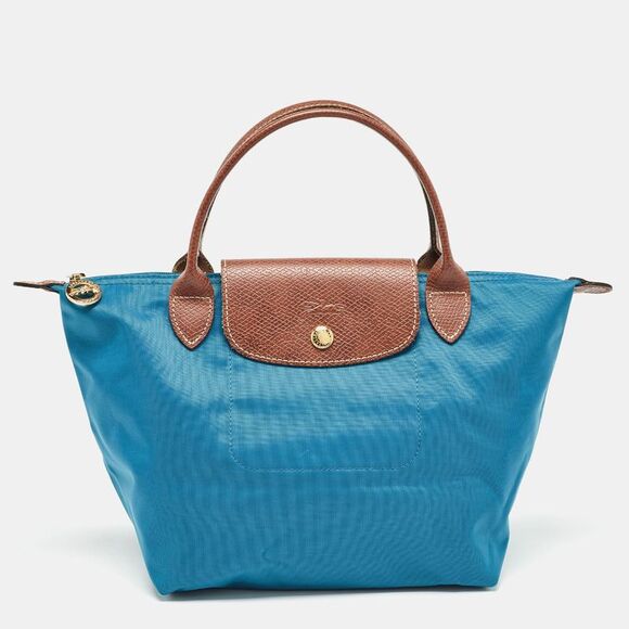 Longchamp Handbags - Longchamp Brown/Teal Blue Nylon and Leather Small Short Le Pliage Tote